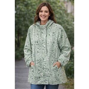 Women's Green Floral Leopard Print Hooded Jacket Lightweight Size XXL